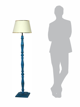 French Farmhouse-Style Distressed Blue Wooden Rustic Floor Lamp with 14 Inch Off-White Gold Rim Tapered Fabric Shade