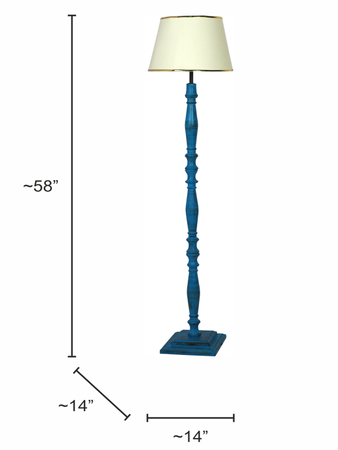 French Farmhouse-Style Distressed Blue Wooden Rustic Floor Lamp with 14 Inch Off-White Gold Rim Tapered Fabric Shade