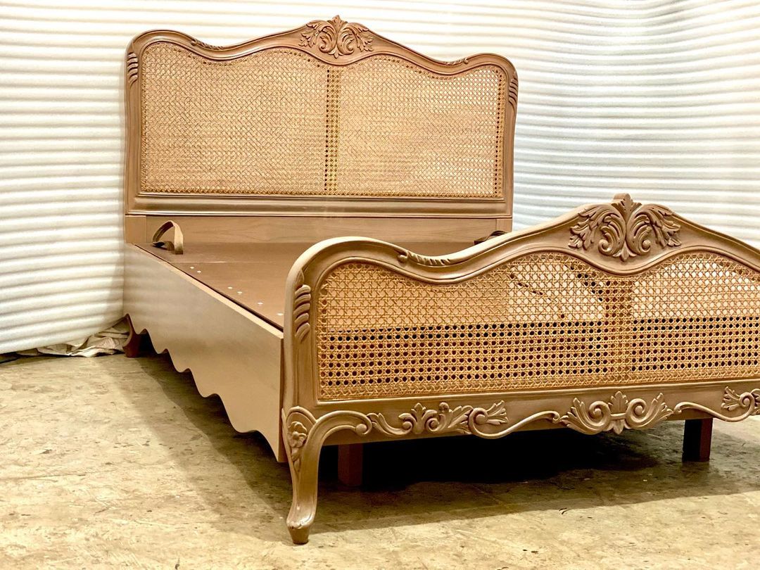 Custom Antiqued Gold Cane Rattan Bed