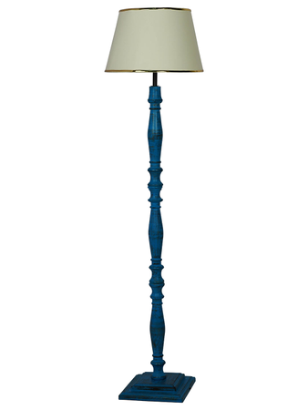 French Farmhouse-Style Distressed Blue Wooden Rustic Floor Lamp with 14 Inch Off-White Gold Rim Tapered Fabric Shade