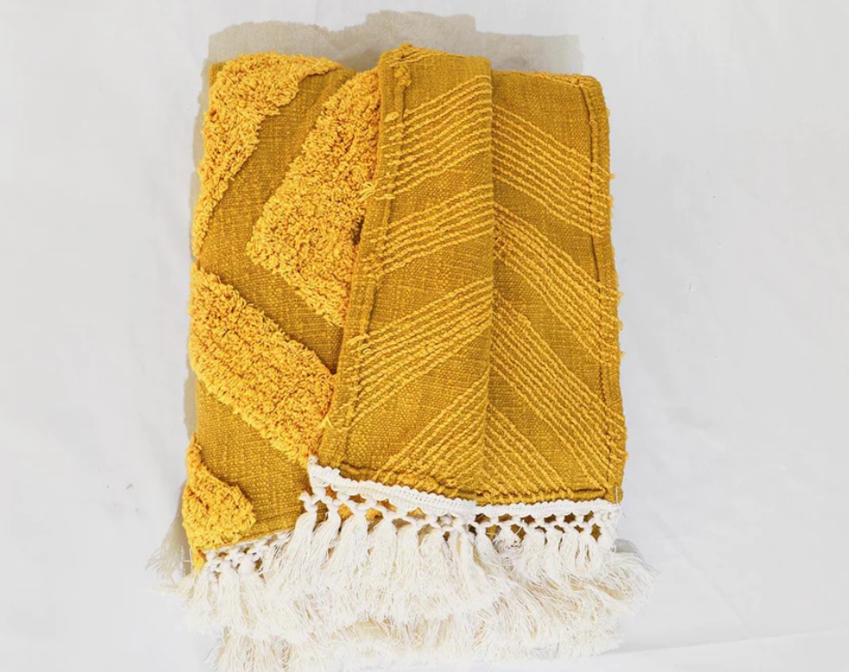 MUSTARD YELLOW Cotton tufted Throw blanket, diamond pattern tufting, couch throw, picnic blanket, 100% cotton, 44X55 inches