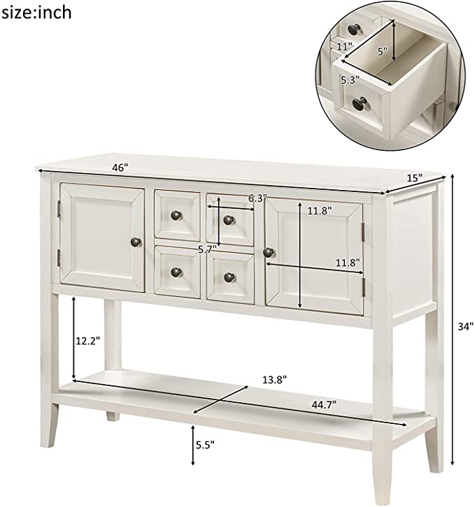 The kashth Designs Buffet Cabinet Kitchen Storage Buffet and Sideboard Table Console Tables with Four Storage Drawers Two Cabinets and Bottom (White)