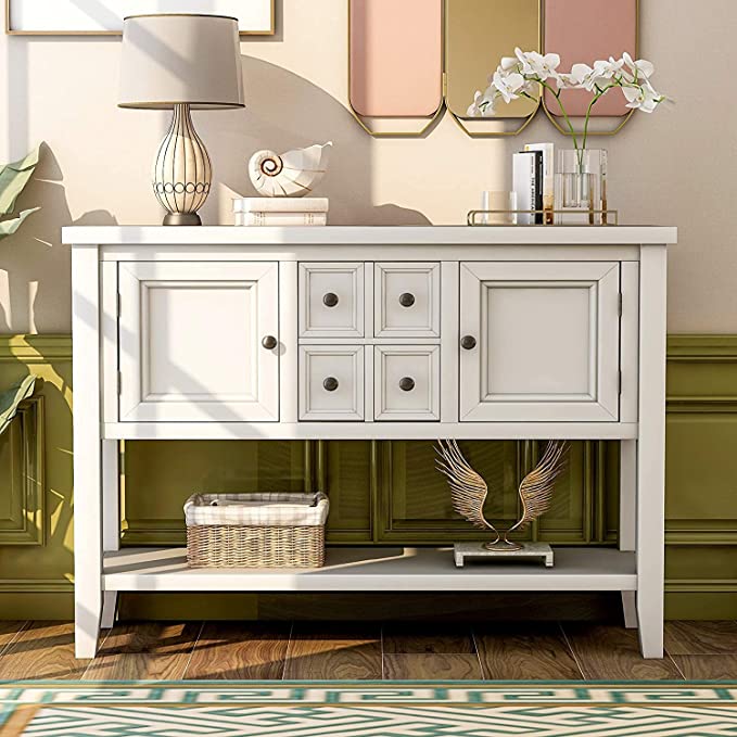 The kashth Designs Buffet Cabinet Kitchen Storage Buffet and Sideboard Table Console Tables with Four Storage Drawers Two Cabinets and Bottom (White)