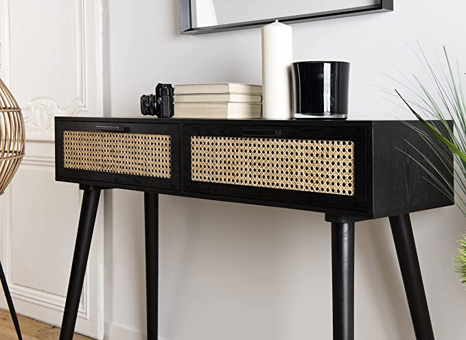 The kashth 2 Black Wood Console with Cane Drawers (Black)