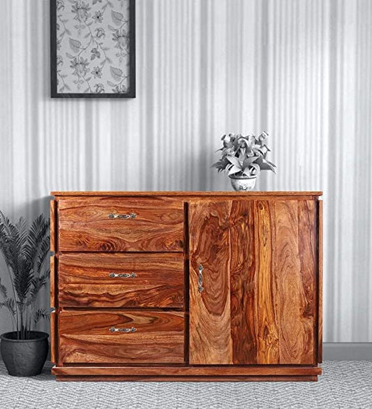 The kashth Wooden Sideboard Cabinet for Living Room | Kitchen Storage Side Board with 3 Drawers & Cabinet | Sheesham Wood (Honey Finish)