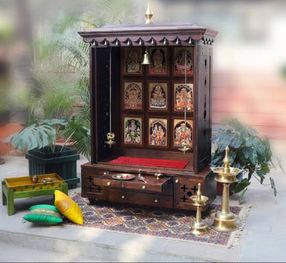 Solid Wood Handcrafted Pooja Mandir with Shutters Accessorised with Antique Decorative Brass Bells and Finished in Walnut PU with Legs (TLWL4267)