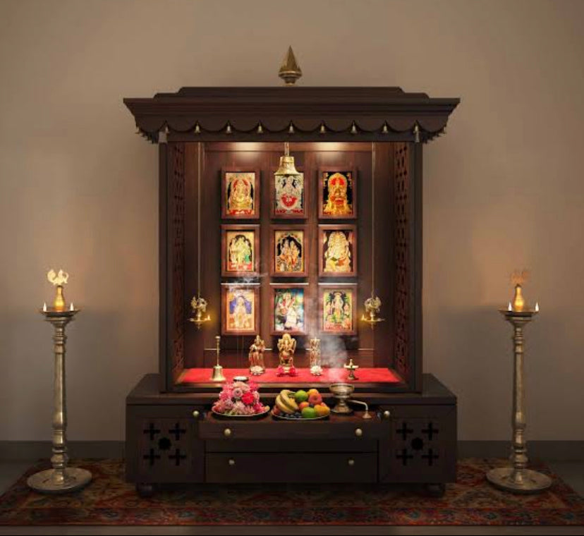 Solid Wood Handcrafted Pooja Mandir with Shutters Accessorised with Antique Decorative Brass Bells and Finished in Walnut PU with Legs (TLWL4267)