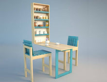 Load image into Gallery viewer, Blue and Natural Solid Wood 2 seater Wall Mounted Folding Dining Set side view