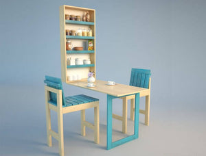 Blue and Natural Solid Wood 2 seater Wall Mounted Folding Dining Set side view