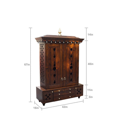 Solid Wood Handcrafted Pooja Mandir with Shutters Accessorised with Antique Decorative Brass Bells and Finished in Walnut PU with Legs (TLWL4267)