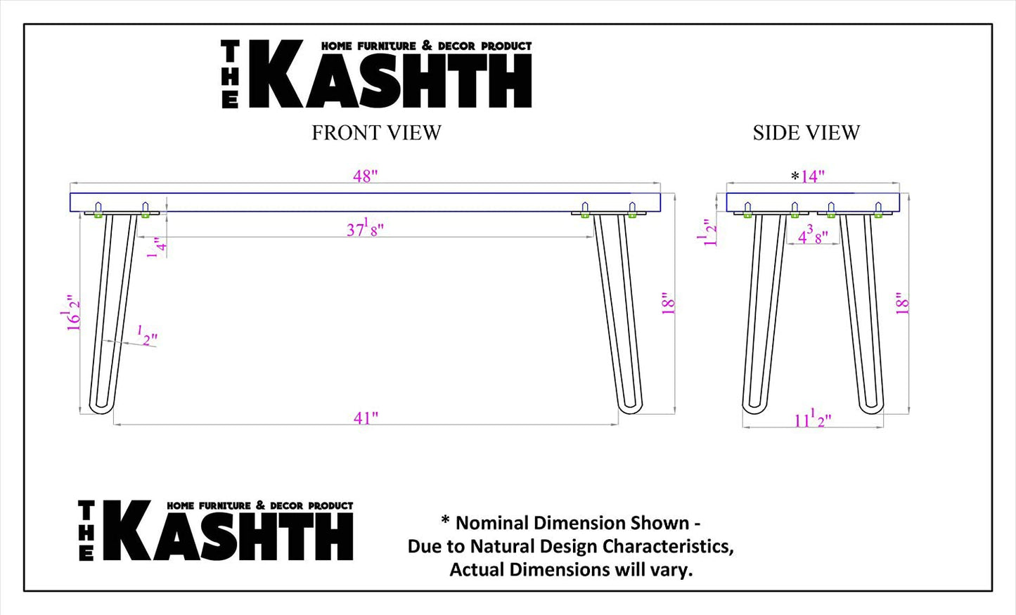 The Kashth Hairpin Natural Live Edge Wood with Metal 48" Bench