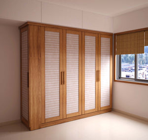 Brown Solid Wood Four Shutter Wardrobe with Dresser and White and Beige Jute Fabric Sandwiched in Glass Paneled Shutters