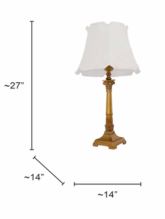 Antique Gold Finish Roman Corinthian 26 Inch Single Aluminium Column Table Lamp Light With 14 Inch Off White Scalloped Borders Fabric Shade