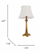 Load image into Gallery viewer, Antique Gold Finish Roman Corinthian 26 Inch Single Aluminium Column Table Lamp Light With 14 Inch Off White Scalloped Borders Fabric Shade