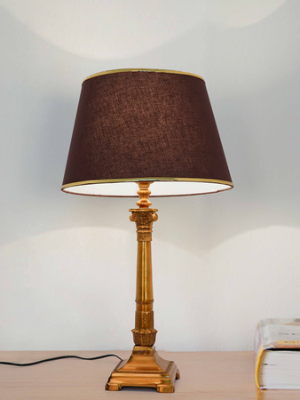 Antique Gold Finish Roman Corinthian 26 Inch Single Aluminium Column Table Lamp Light With 14 Inch Brown Gold Rim Tapered Fabric Shade