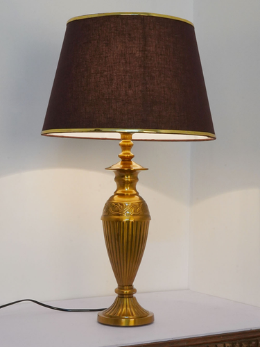 Gold Vintage Aluminium Single Table Lamp Light With 14 Inch Brown Gold Rim Tapered Fabric Shade