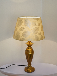 Gold Vintage Aluminium Single Table Lamp Light With 14 Inch Gold leaf pattern Tapered Fabric Shade