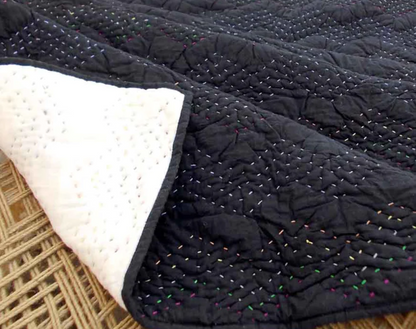 Black Kantha quilt - chevron pattern quilting