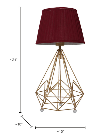 Golden Metal Wire Cage Diamond Pyramid Bedside Table Lamp with Pleated Maroon Fabric Shade