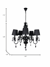 Load image into Gallery viewer, Absolute Black Victorian Accent Classic Black 5-Light Steel Chandelier With Black Crystals &amp; 6 Inch Pleated Shades dimensions