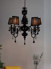 Load image into Gallery viewer, Light Steel Chandelier With Black Crystals &amp; 6 Inch Pleated Shades