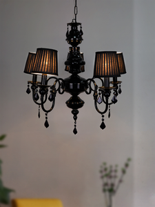 Light Steel Chandelier With Black Crystals & 6 Inch Pleated Shades