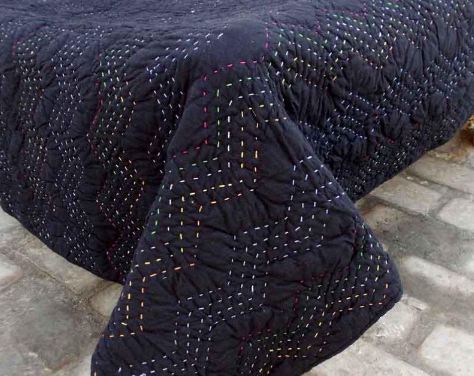 Black Kantha quilt - chevron pattern quilting