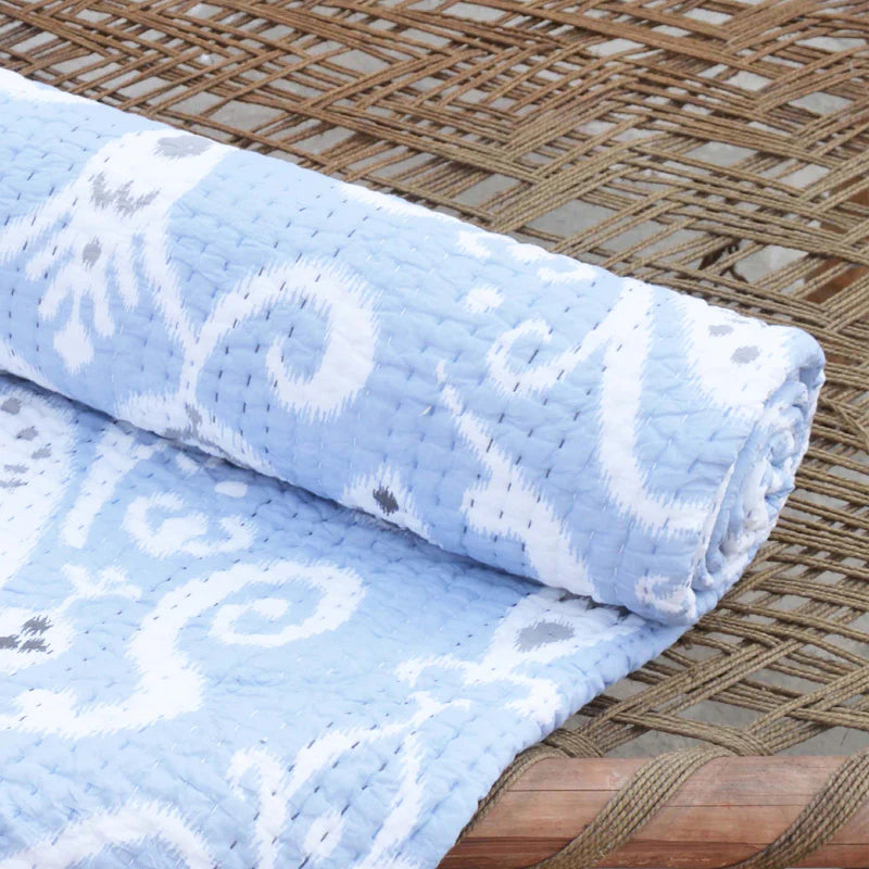 Quilted bedspread, ikat print Blue colour cotton quilt, sizes available