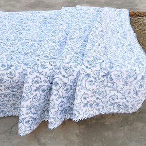 Quilted bedspread, blue swirl print, cotton quilt, Victorian print cotton voile quilt