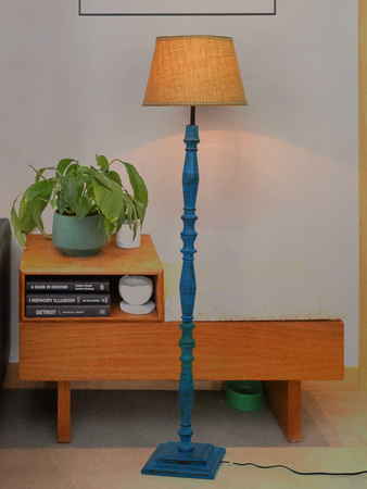 French Farmhouse-Style Distressed Blue Wooden Rustic Floor Lamp with 14 Inch Tapered Jute Shade