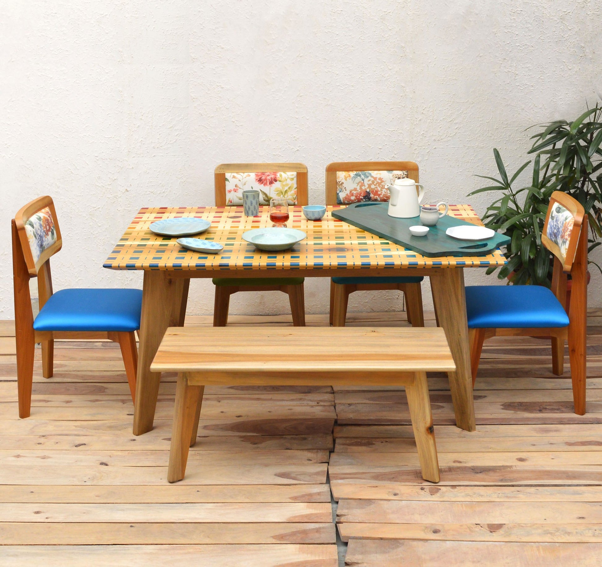 Brown Solid Wood 6 Seater Dining Set with Handprinted Madras Checks Serigraph on the Table Top side view
