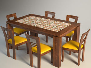 Brown Solid Wood 6 Seater Dining Set with Yellow, Red and Green Tile Inlay and 6 chairs