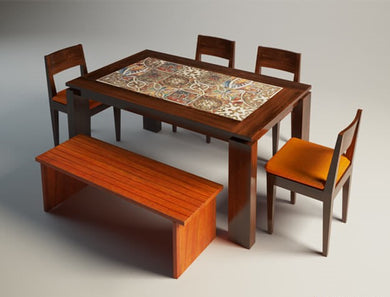 Brown Solid Wood 6 Seater Dining Set with Blue, Brown, Orange Tile Inlay