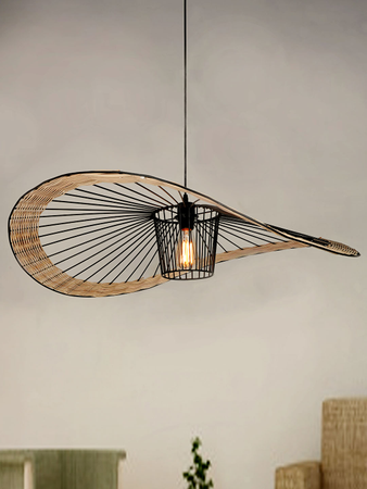 Contemporary 34 Inch Bohemian-Style Cane & Steel Single-Light Ceiling Hanging side view