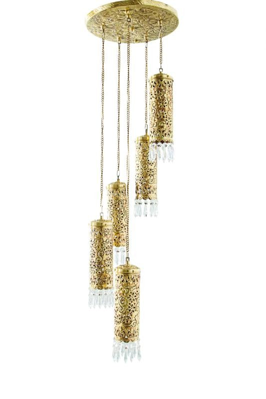 Hand Carved Brass & Crystal Mini Cylinder Set of 5 Hanging Light without background