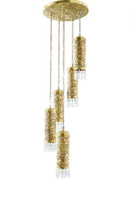 Load image into Gallery viewer, Hand Carved Brass &amp; Crystal Mini Cylinder Set of 5 Hanging Light without background