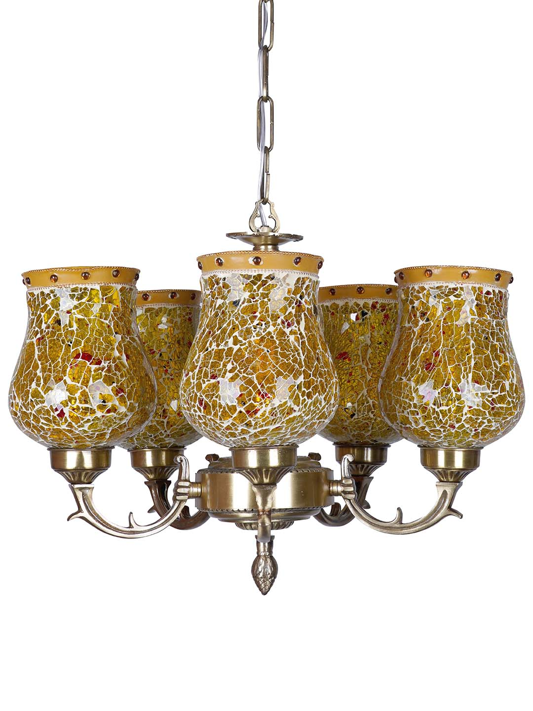 Antique Brass Small 5 Light Chandelier with Yellow Mosaic Glass
