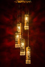 Load image into Gallery viewer, Hand Carved Brass &amp; Crystal Mini Cylinder Set of 5 Hanging Light