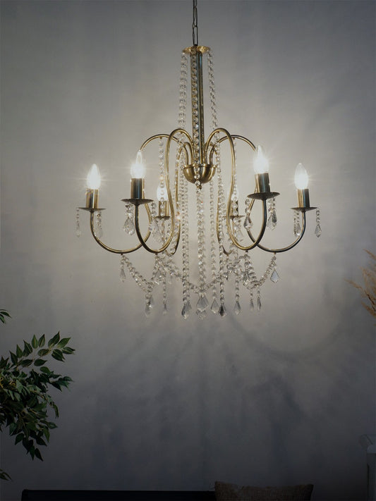 Elegant 6 Light Crystal Candelabra Antique Brass Chandelier