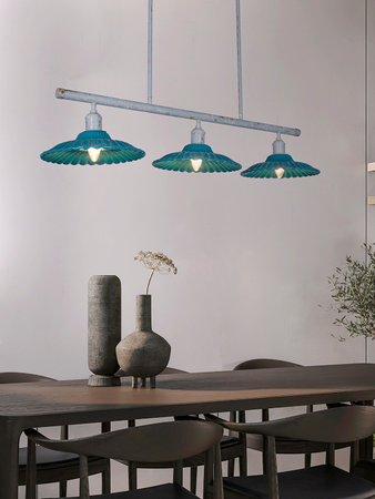 Teal Ceramic Linear Chandelier - 3 Shallow Round Ribbed Shades