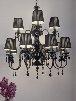 Absolute Black 2 Tier 12 Light Chandelier with Black Crystals and Shades