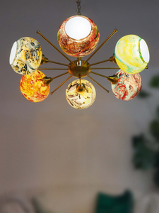 Luxurious Satellite-Like 6 Light Brass Chandelier with Multicolor Glass Shades