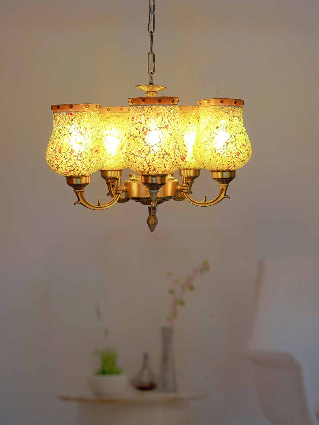 Antique Brass Small 5 Light Chandelier with Yellow Mosaic Glass home placement