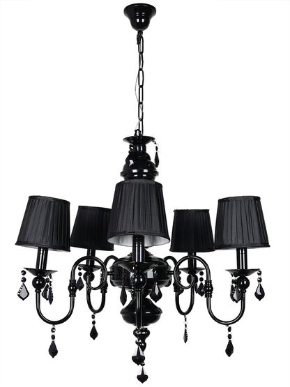 Light Steel Chandelier With Black Crystals & 6 Inch Pleated Shades without background