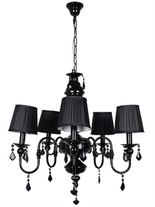 Light Steel Chandelier With Black Crystals & 6 Inch Pleated Shades without background