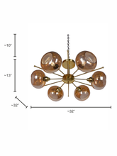 Load image into Gallery viewer, Luxurious Satellite-Like 6 Light Brass Chandelier with Golden Glass Shades dimensions