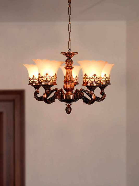 Antique Copper Finish Classic 5-Lights Aluminium Chandelier Ceiling Hanging With Adorned Translucent Glass Shades