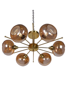 Luxurious Satellite-Like 6 Light Brass Chandelier with Golden Glass Shades without background