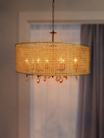 Handwoven 28 Inch Rattan Cane Drum Shade & Crystal 8-Lights Chandelier