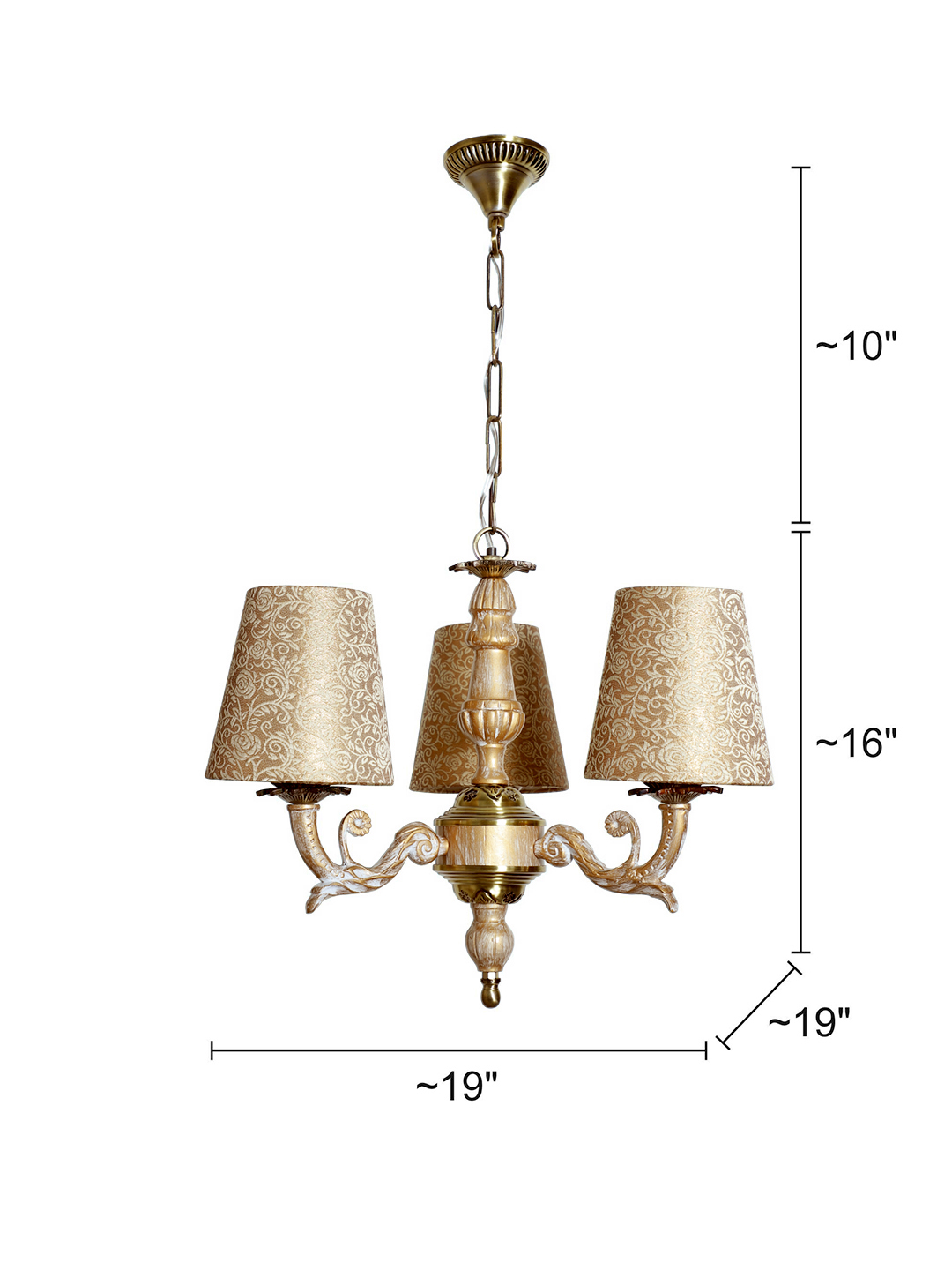 Golden White 3 Light Mini Chandelier in Brocade Shades dimensions